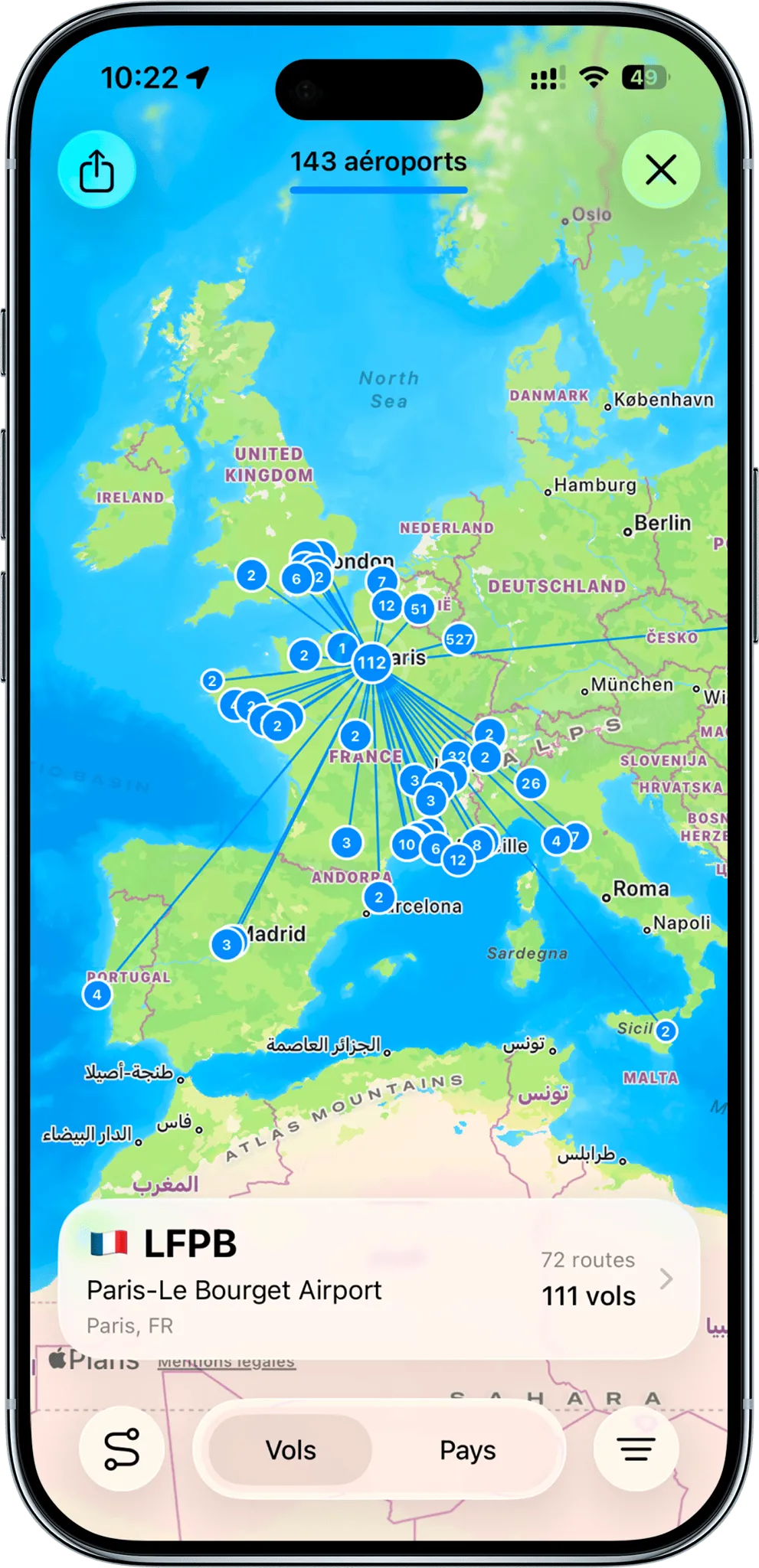Skyden flight map showing logged routes across Europe