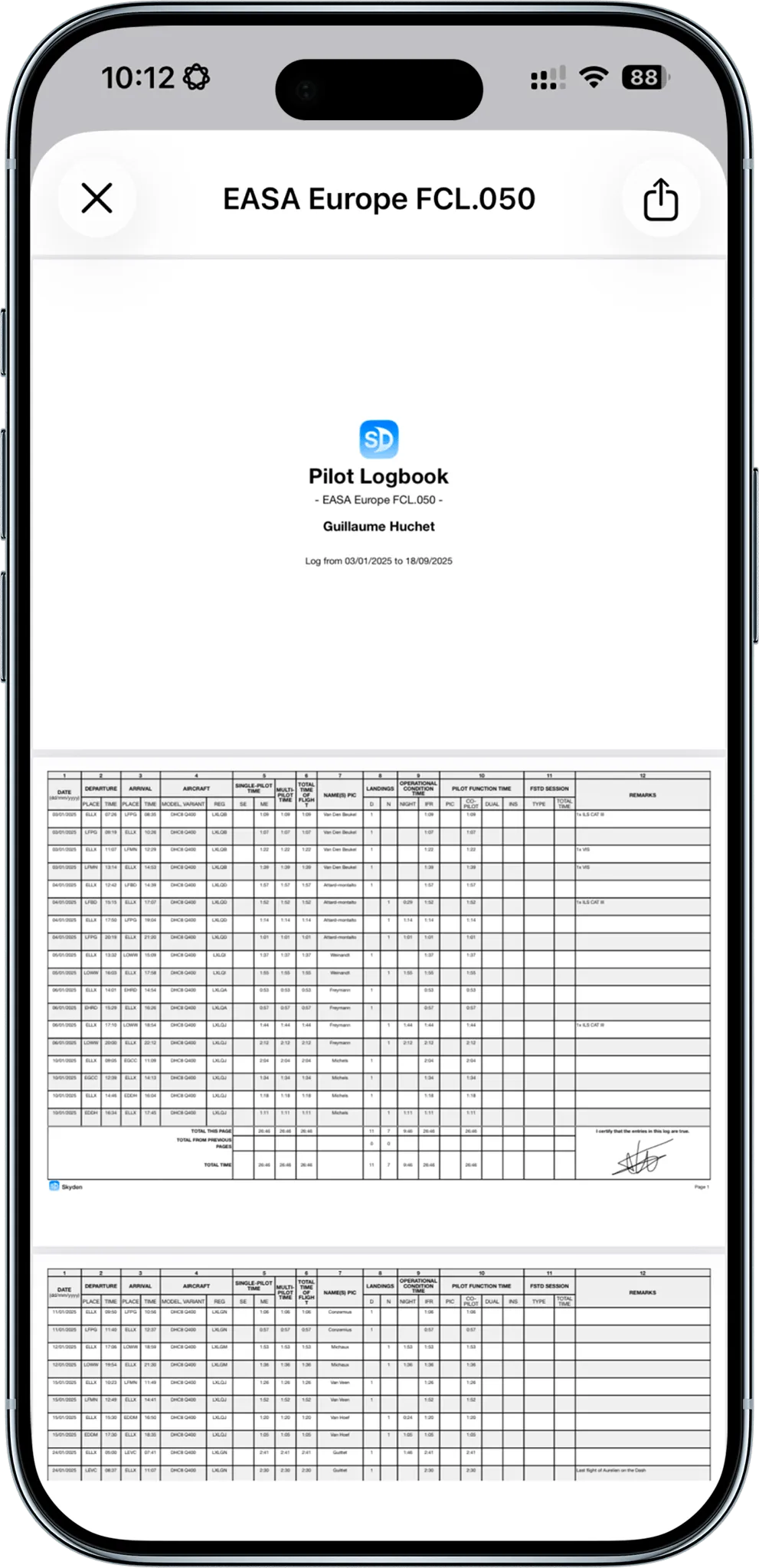 Skyden EASA-compliant PDF logbook export preview