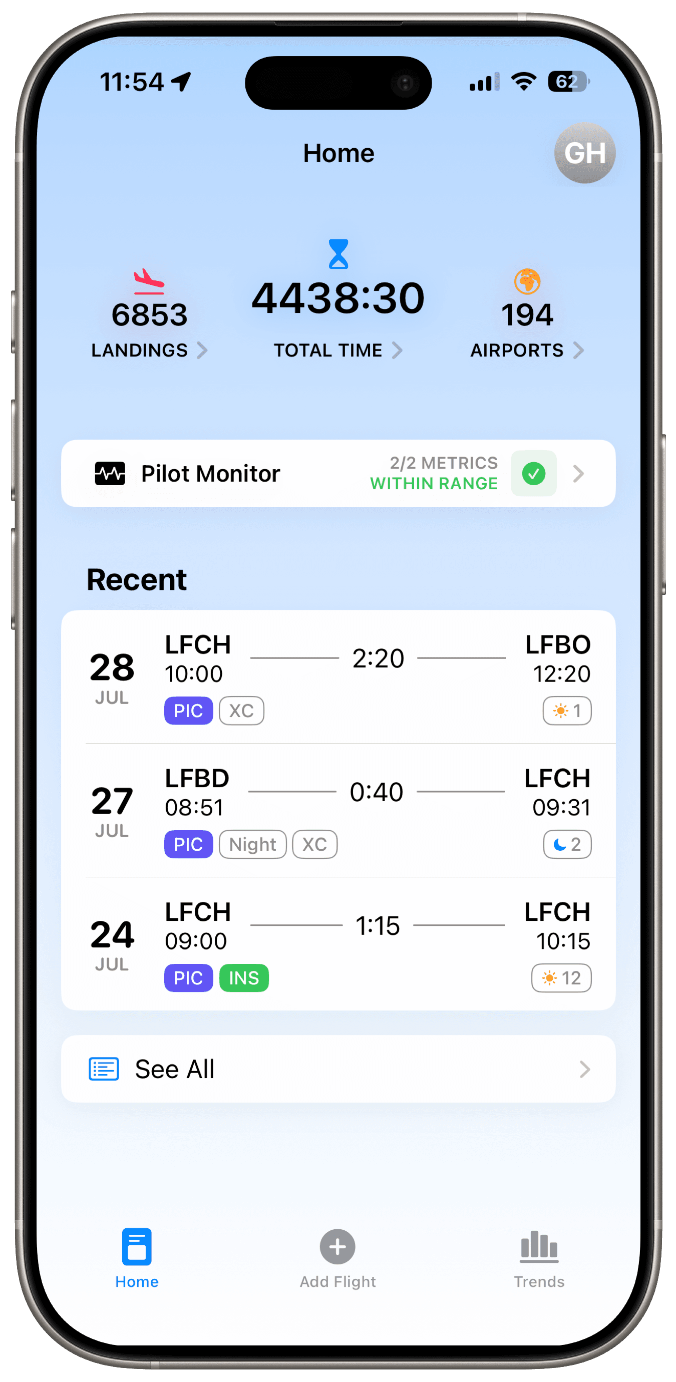 Skyden app home screen